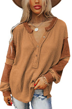 Load image into Gallery viewer, 2 Colors - Contrast Patched Exposed Seam Waffle Knit Henley Top Ti Amo I love you
