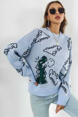 2 Colors - Dinosaur Pattern Round Neck Sweater Ti Amo I love you