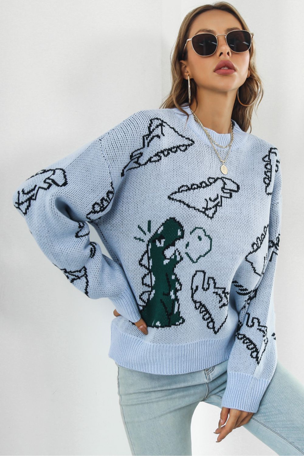 2 Colors - Dinosaur Pattern Round Neck Sweater Ti Amo I love you