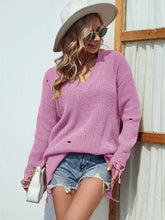 Load image into Gallery viewer, 2 Colors - Distressed V-Neck Drop Shoulder Sweater Ti Amo I love you
