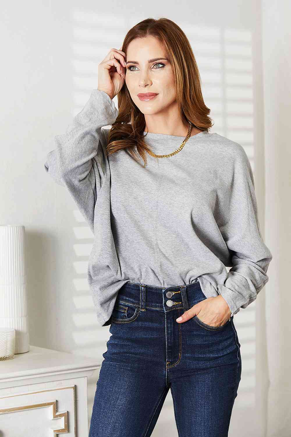 2 Colors - Double Take Seam Detail Round Neck Long Sleeve Top Ti Amo I love you