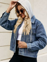 Load image into Gallery viewer, 2 Colors - Drawstring Hooded Button Up Denim Jacket Ti Amo I love you
