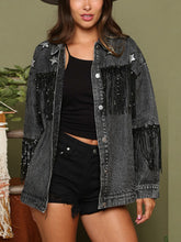 Load image into Gallery viewer, 2 Colors - Fringe Detail Long Sleeve Denim Jacket Ti Amo I love you
