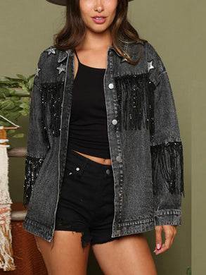 2 Colors - Fringe Detail Long Sleeve Denim Jacket Ti Amo I love you