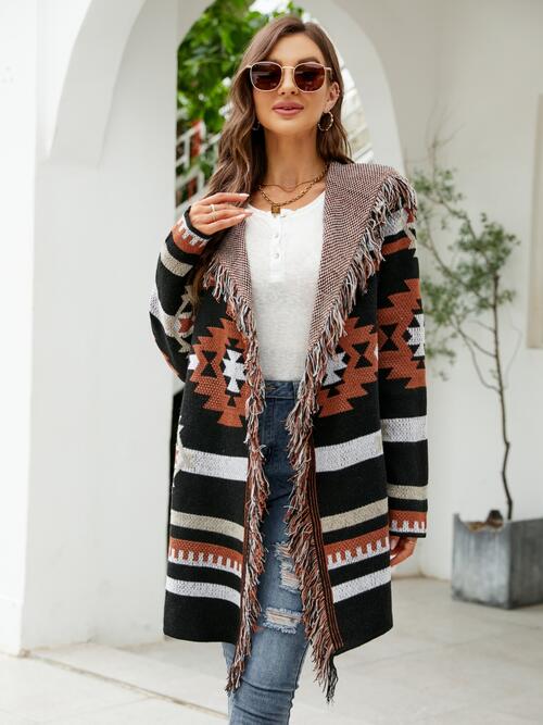 2 Colors - Fringe Geometric Hooded Long Sleeve Cardigan Ti Amo I love you