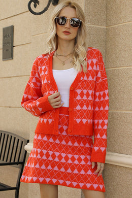 2 Colors - Geometric Dropped Shoulder Cardigan and Knit Skirt Set Ti Amo I love you