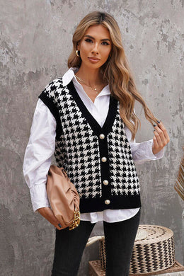 2 Colors - Houndstooth Button Front Sweater Vest Ti Amo I love you