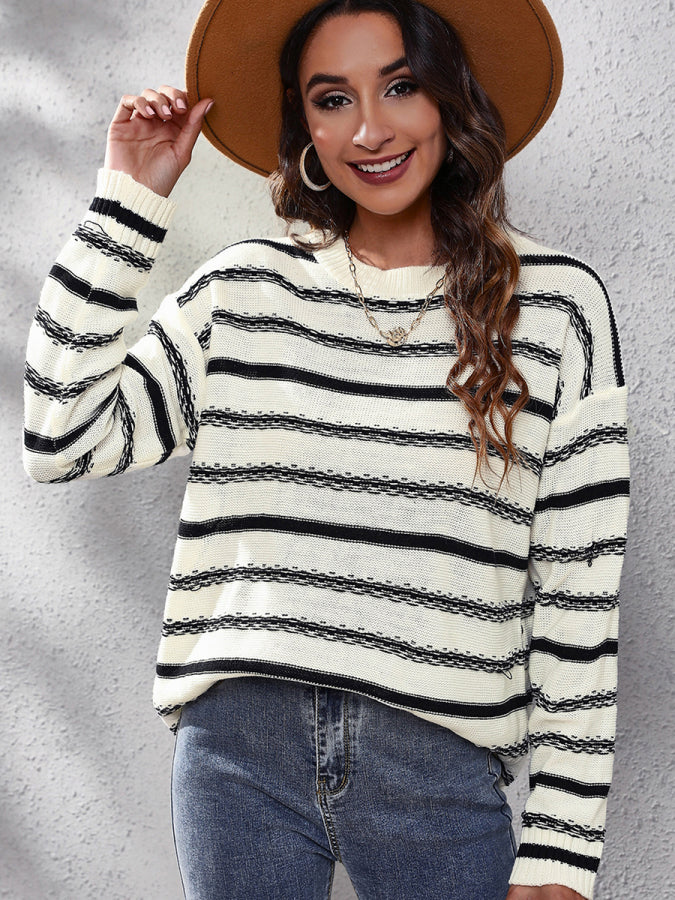 2 Colors - Striped Round Neck Dropped Shoulder Sweater Ti Amo I love you