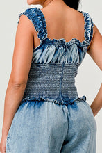 Load image into Gallery viewer, Chambray Charm Ruffled Jumpsuit
