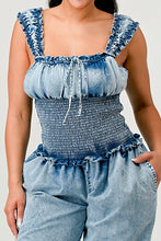 Load image into Gallery viewer, Chambray Charm Ruffled Jumpsuit
