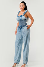 Load image into Gallery viewer, Chambray Charm Ruffled Jumpsuit
