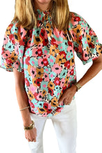 Load image into Gallery viewer, White Frilled High Neck Buttons Back Floral Blouse
