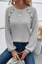 Load image into Gallery viewer, Contrast Lace Raglan Sleeve Buttoned Ribbed Top
