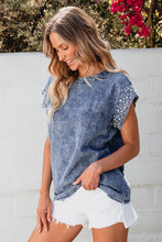 Load image into Gallery viewer, Dusk Blue Acid Wash Pearl Embellishments O-neck Denim Top
