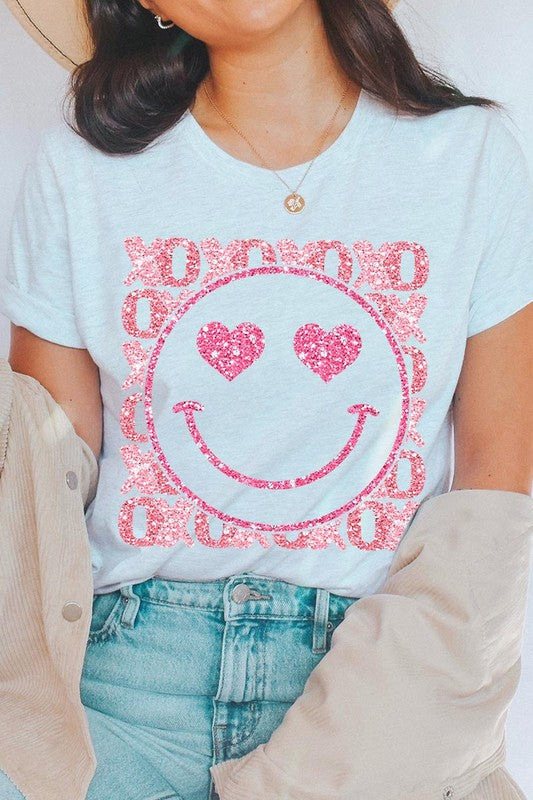 XOXO Smiley Face Sequined Short Sleeve T-Shirt