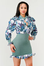 Load image into Gallery viewer, Spring Floral Mesh Contrast Ruffle Mini Dress
