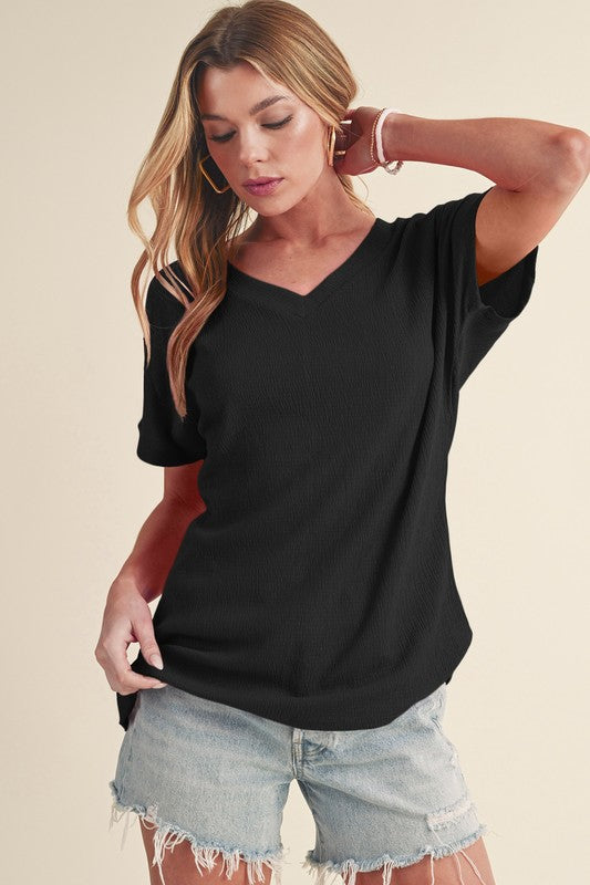 Crinkled V Neck Wide Sleeve T-shirt