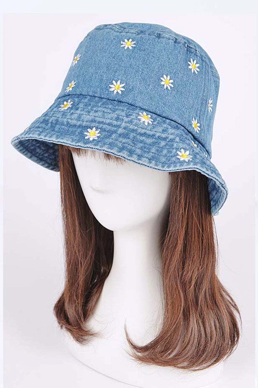 Flower Embroidered Denim Bucket Hat