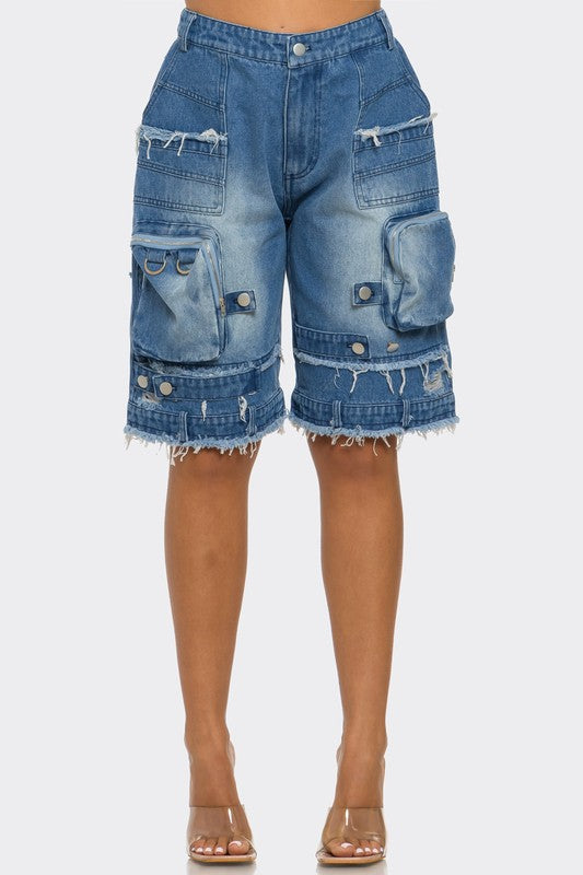 Utility-Chic Frayed Denim Casual Cargo Shorts