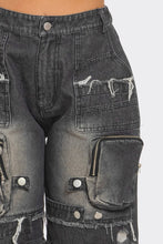 Load image into Gallery viewer, Utility-Chic Frayed Denim Casual Cargo Shorts
