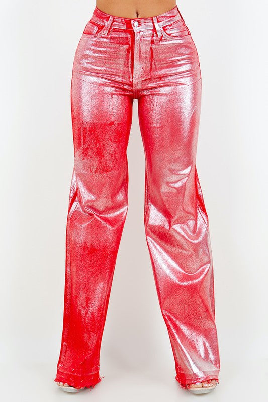 Metallic Wide Leg Jeans in Red