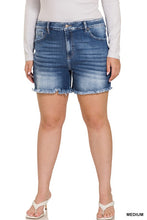 Load image into Gallery viewer, Plus Mid Rise Raw Frayed Hem Denim Shorts
