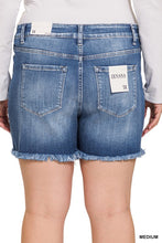 Load image into Gallery viewer, Plus Mid Rise Raw Frayed Hem Denim Shorts
