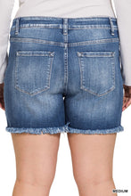 Load image into Gallery viewer, Plus Mid Rise Raw Frayed Hem Denim Shorts
