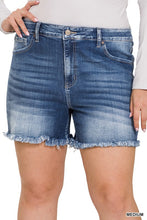 Load image into Gallery viewer, Plus Mid Rise Raw Frayed Hem Denim Shorts
