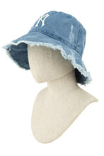 Load image into Gallery viewer, Distressed Denim NY Bucket Hat with Wired Brim
