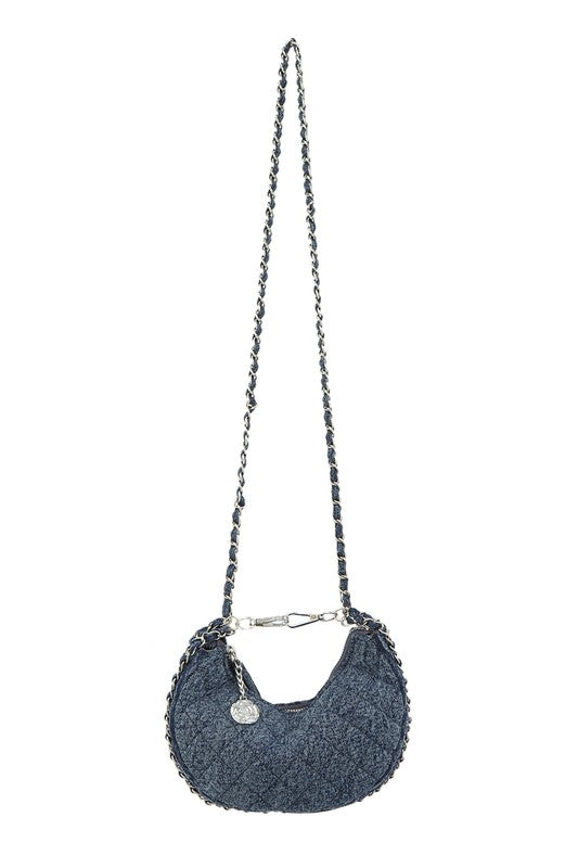 Denim and Flower Chain Crossbody Bag