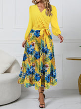 Load image into Gallery viewer, Pleated Printed Surplice Long Sleeve Dress
