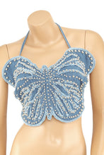 Load image into Gallery viewer, Denim Metal Stud Paved Butterfly Bralette
