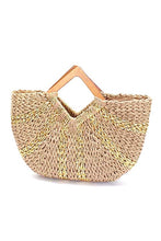 Load image into Gallery viewer, Wooden Handle Metallic Straw Basket Tote
