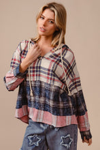 Load image into Gallery viewer, BiBi Drawstring Plaid Drop Shoulder Hoodie
