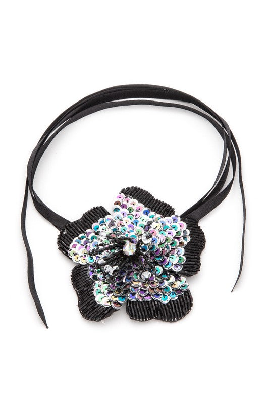 Sequins Beaded Flower Convertible Tie Necklace