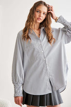 Load image into Gallery viewer, ADORA High-Low Striped Button Down Smocked Lantern Sleeve Shirt
