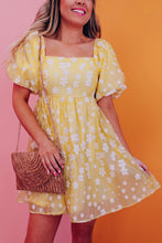 Load image into Gallery viewer, Yellow Boho Flower Jacquard Puff Sleeve Square Neck Mini Dress
