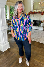 Load image into Gallery viewer, Blue Plus Size Brushstroke Print 3/4 Sleeve Blouse
