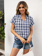 Load image into Gallery viewer, Plaid Notched Short Sleeve Blouse
