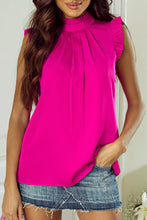 Load image into Gallery viewer, Bright Pink Pleated Mock Neck Frilled Trim Sleeveless Top
