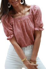 Load image into Gallery viewer, Pink Square Neck Dotted Print Puff Sleeve Blouse with Tie Back
