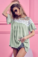 Load image into Gallery viewer, BiBi Lace Detail Short Sleeve Striped Blouse
