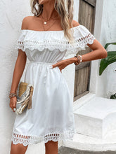 Load image into Gallery viewer, Shiny Ruched Lace Detail Off-Shoulder Dress
