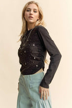 Load image into Gallery viewer, Davi &amp; Dani Side Ruched Rhinestone and Star Detail Round Neck Top
