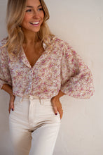 Load image into Gallery viewer, Pink Floral Print Bishop Sleeve Collared V Neck Shirt
