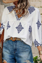 Load image into Gallery viewer, White Boho Geometric Print V Neck Bracelet Sleeve Plus Size Blouse
