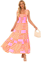 Load image into Gallery viewer, Pink Boho Gingham Tied Straps Smocked Maxi Dress
