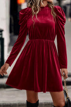 Load image into Gallery viewer, Red Dahlia Velvet Frilled Neck Gigot Sleeve Swing Dress
