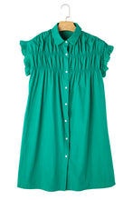 Load image into Gallery viewer, Bright Green Shirred Ruffle Sleeve Button Up Short Dress
